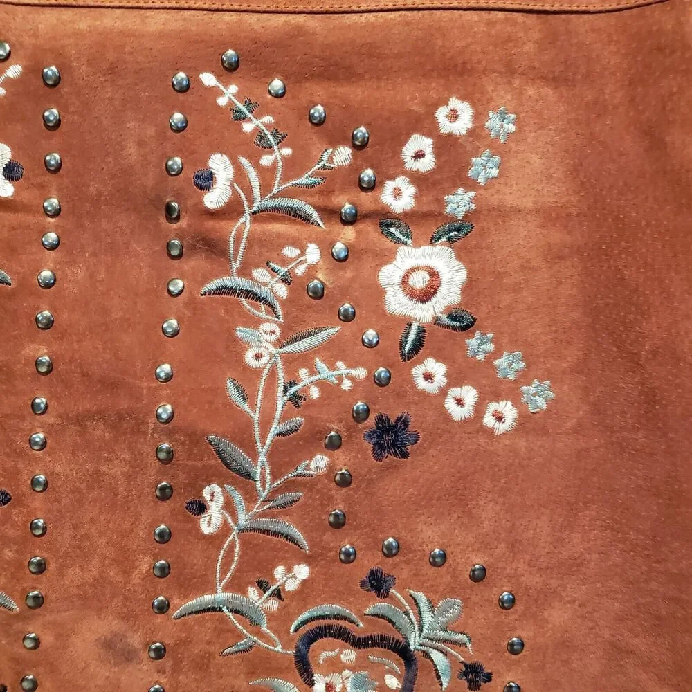 Willow & Clay Embroidered Mini Skirt Brown M Leather Floral Bohemian Lined